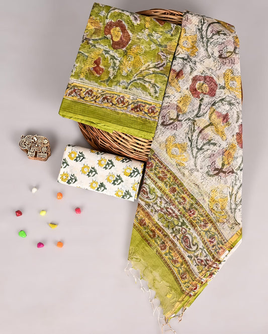 Olive Floral Sanganeri Kota Doriya Suit