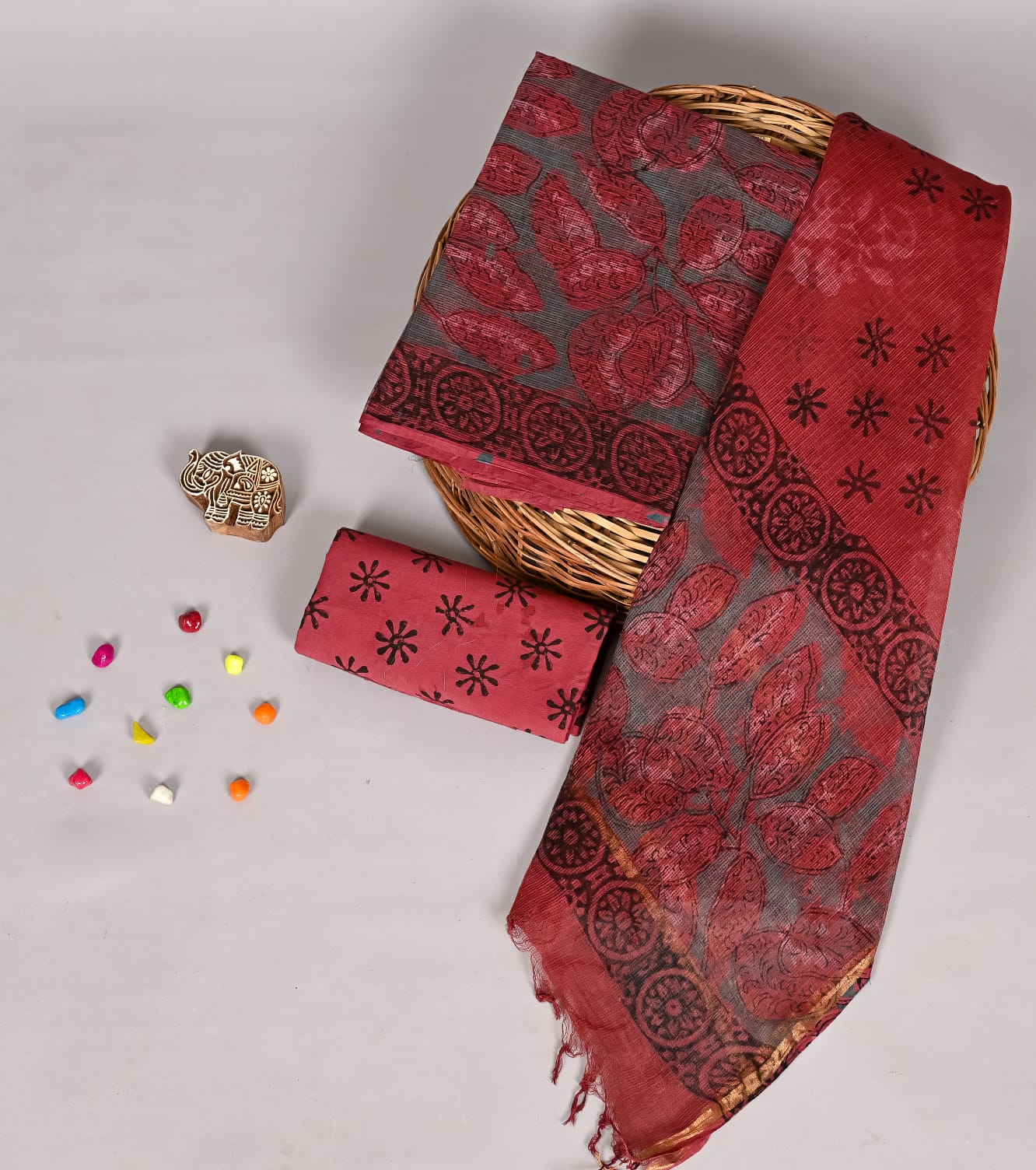 Heritage Pomegranate Dye Print Kota Doria Suit