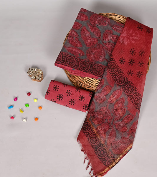 Heritage Pomegranate Dye Print Kota Doria Suit
