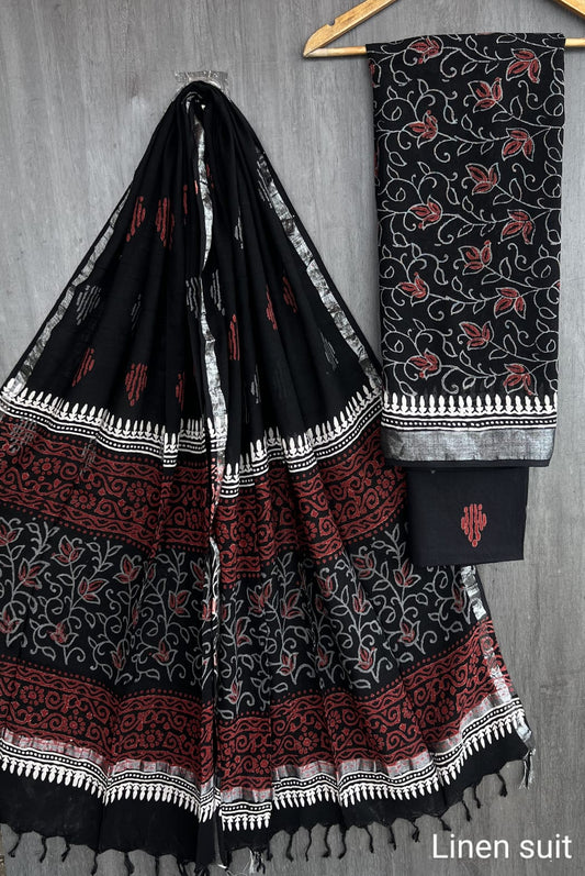Timeless Black and White Printed Pure Linen Cotton Suit