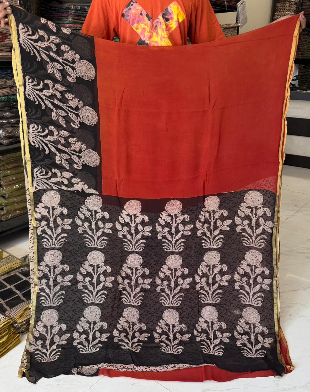 Refined Bagru Print Double Diamond Chiffon Heritage Saree