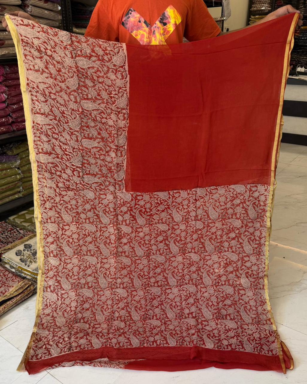 Artisan Bagru Printed Pure Double Diamond Chiffon Drape