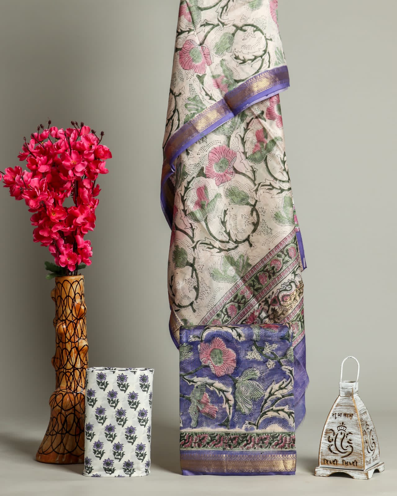 Pure Maheshwari Silk Suit Sanganeri Handblock Print Heritage Floral