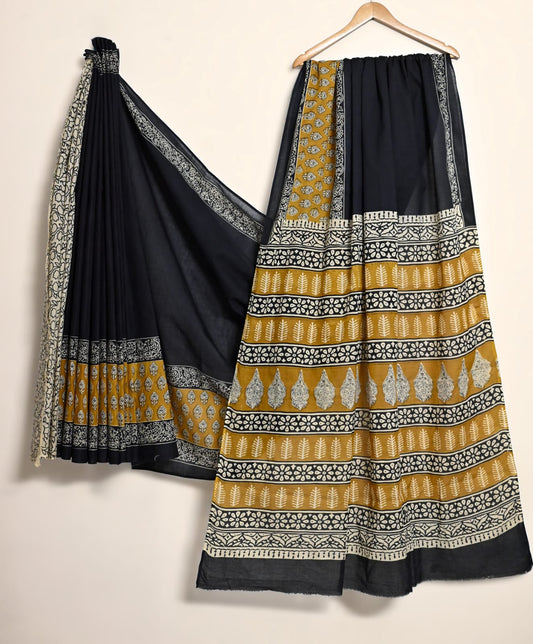 Pure Cotton Handblock Print Saree Botanical Art