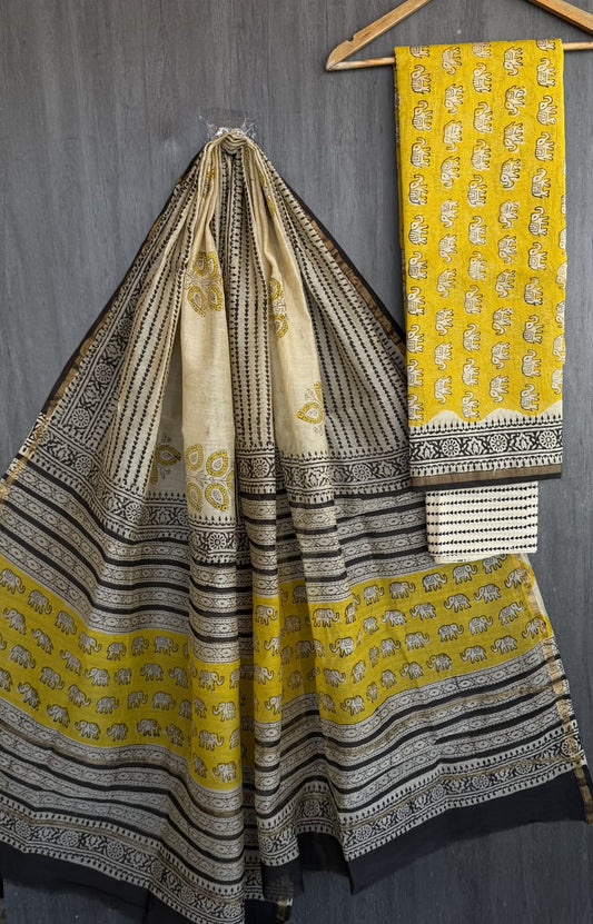 Pure Chanderi Silk Suit Bagru Artisan Floral Vine