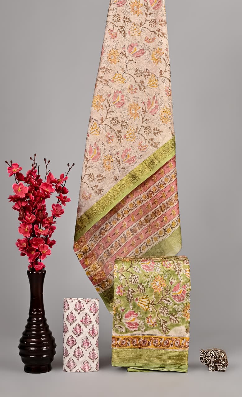 Pure Maheshwari Silk Suit Timeless Sanganeri Floral Trail