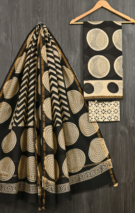 Pure Chanderi Silk Suit Bagru Traditional Border Design